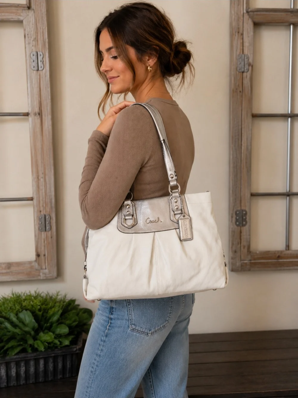 Coach White Leather Tote with Silver Accents